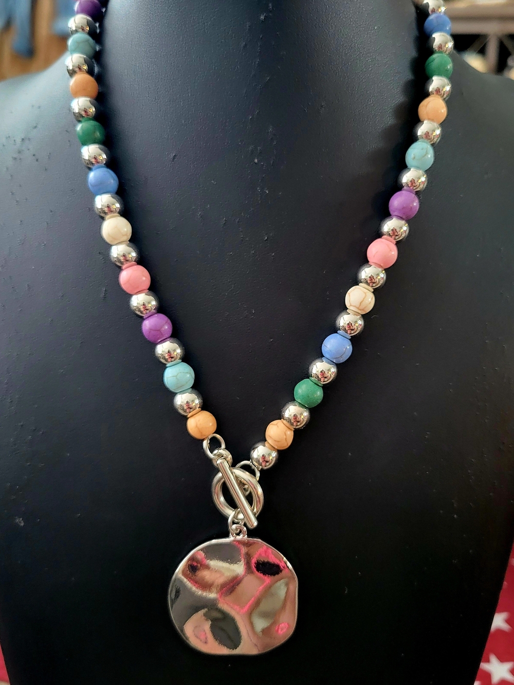 Paparazzi Multicolor Beaded Pendant Necklace - Silver Disc